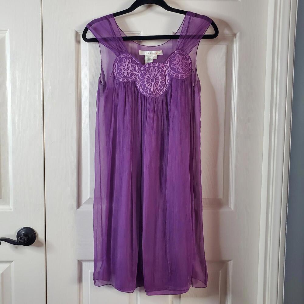 Studio M 100% Silk Purple Midi Dress Shift Embroidered Sleeveless Size Small
